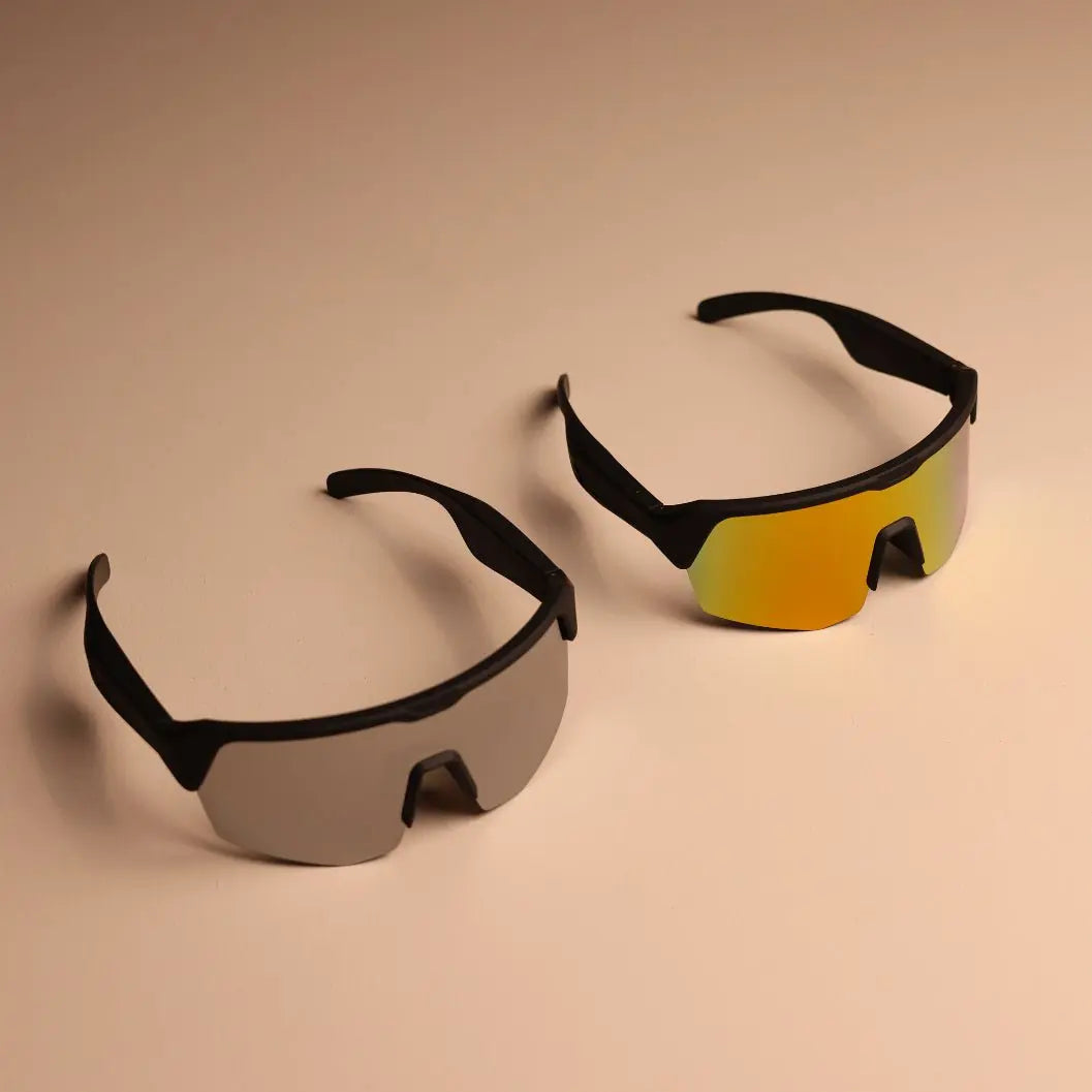 DUSK Apex smart sports sunglasses in both orange and grey variants with aerodynamic lens design