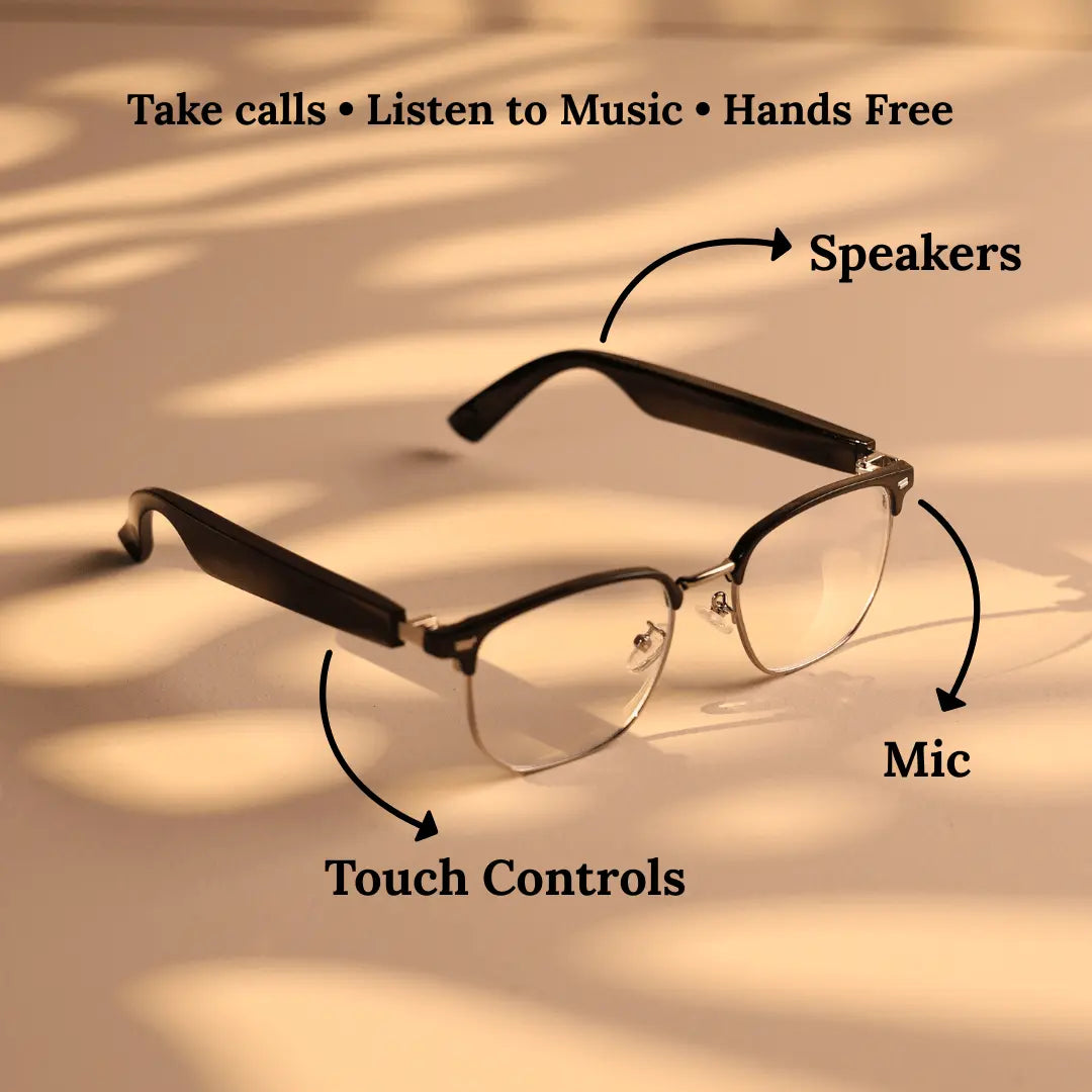 Close-up of DUSK Halo smart glasses showing labeled features: speakers, mic, and touch controls