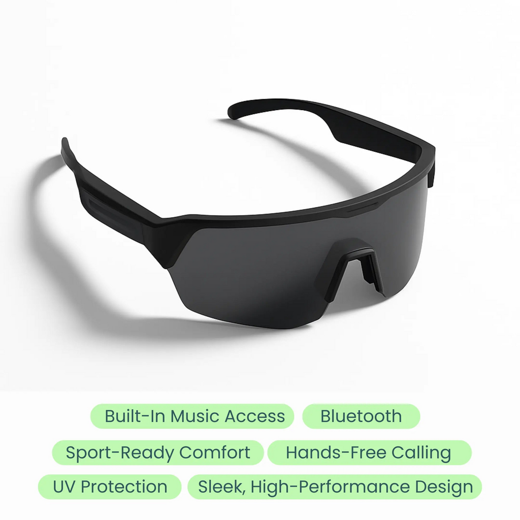 Black smart sunglasses with text highlighting features on a white background, featuring the brand 'dusk'.